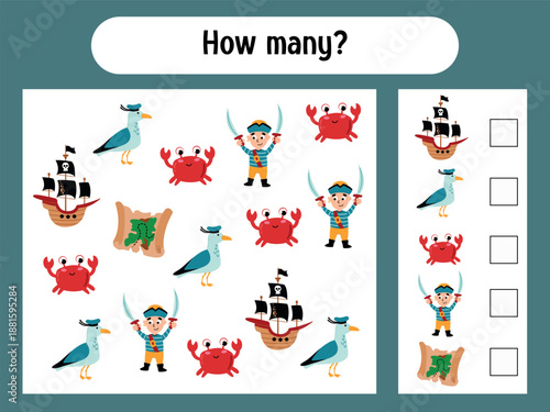Pirate counting game for children. Educational game: How many?