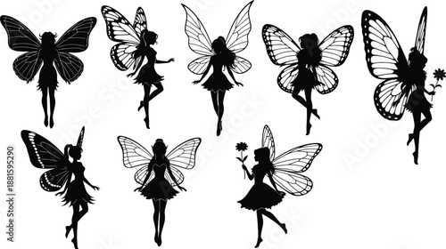 Set of Black Fairy Silhouettes with Ornate Wings in Graceful Poses – Magical Fantasy Creatures for Art, Decoration, Folklore, or Children’s Illustrations