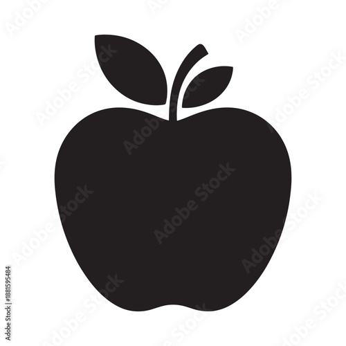 A simple black and white illustration depicting a single round apple fruit
