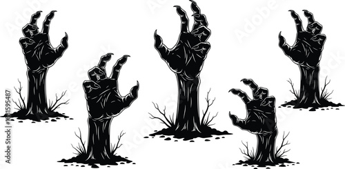Set of creepy zombie hands rising from ground, horror silhouette vector illustration for Halloween dark fantasy undead concept design collection isolated on white background