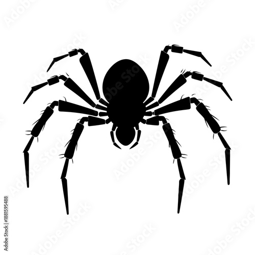 Detailed black silhouette of a spider with hairy legs. Pictogram of nature, danger, or Halloween. Vector illustration.