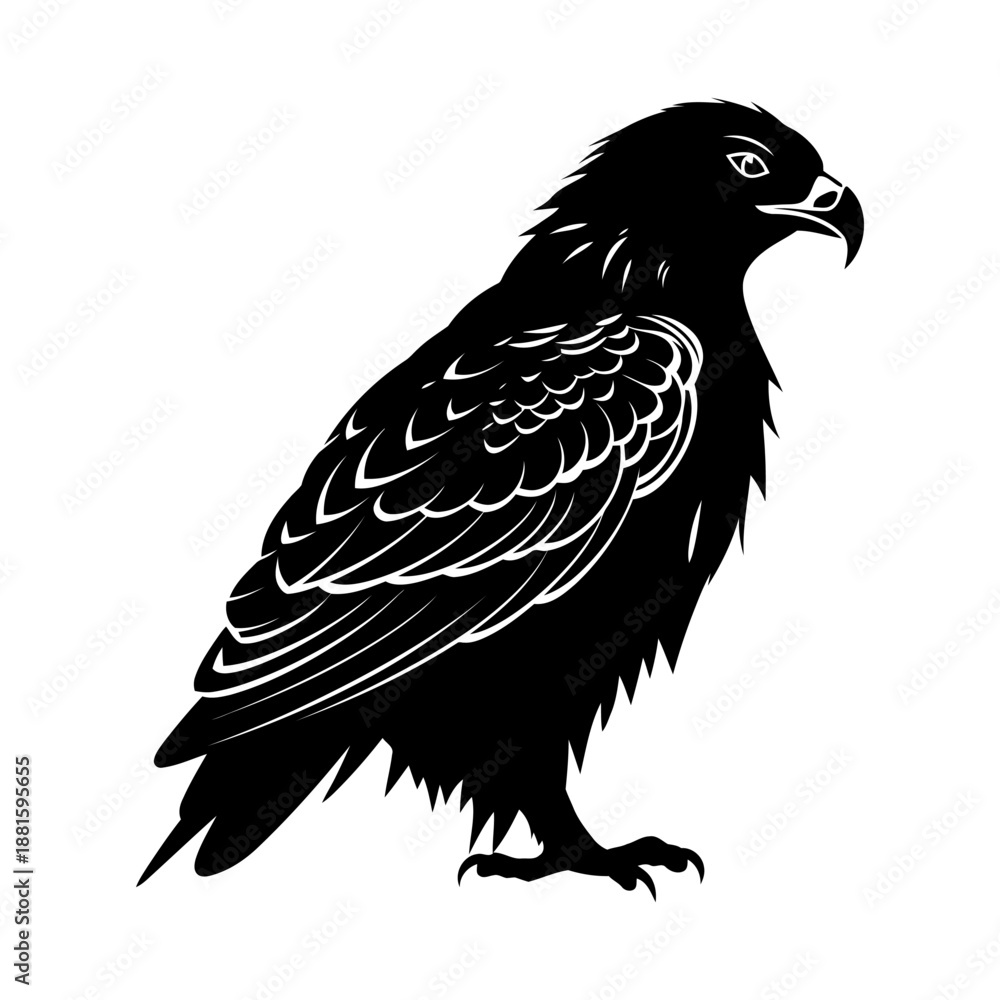 Obraz premium Detailed black silhouette of a standing eagle or falcon. Stylized drawing in graphic art style. Pictogram of majesty and power. Vector illustration.