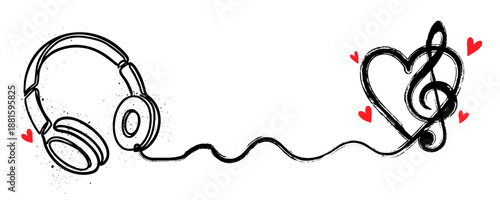 Linear outline of headphones connected by a wavy cord to a grunge-style heart with a treble clef inside. Pictogram of love for music. Vector illustration.