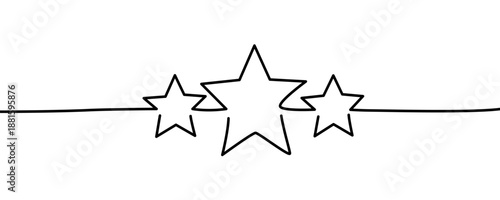 Three five-pointed stars arranged horizontally. Symbol of rating, quality or distinction in one line art style with editable black stroke. Vector illustration.