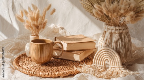 Aesthetic bohemian flat lay with macrame rainbow, bunny tail grass, and wicker table mat, natural minimal background with space for text or product styling, rustic and cozy decorative setup