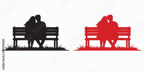 Silhouette of a Romantic Couple: Two silhouette of a couple sit on a park bench and embrace each other, enjoying a moment of togetherness and love. 