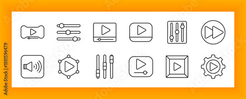 Media playback set icon. Play buttons, sliders, volume icons, control knobs, gear, and geometric frames drawn in minimal outline to depict video, audio, interface, and playback settings.