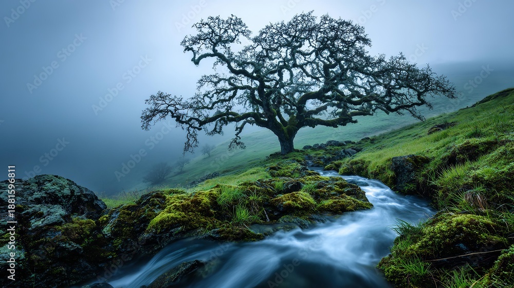 Obraz premium Trees and mountains with old stone wall in foreground