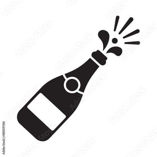 A simple black and white illustration of a popping champagne bottle