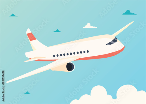 Modern Commercial Airplane Flying Through Clear Blue Sky in Flat Vector Style