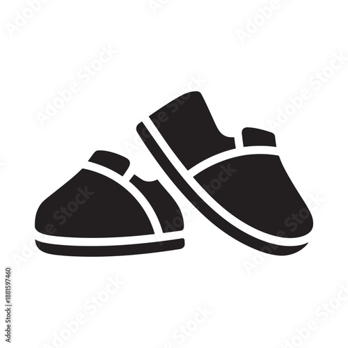 Simple black and white illustration of a pair of indoor slippers