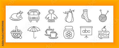Autumn season set icon. Turkey, school bus, coat, pear, socks, yarn, basket, umbrella, tea cups, jam jar, chalkboard, and book stack icons representing fall and cozy seasonal elements.