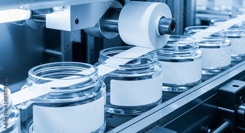 Automated labeling machine applying blank labels to glass jars on a production line