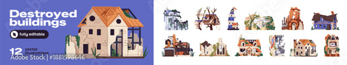 Destroyed buildings set. Damaged houses, skyscrapers and constructions of city. Broken factories, towers, lighthouse and ruins after collapse. Flat isolated vector illustrations on white background