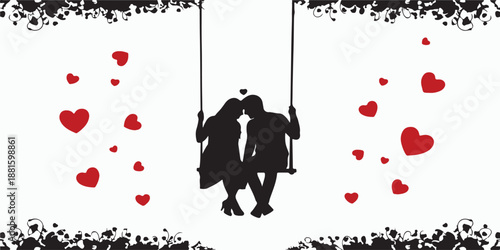 Eternal Love: A silhouette of a couple in love on a swing amidst a cascade of hearts, embodying the purity and tenderness of romantic feelings.