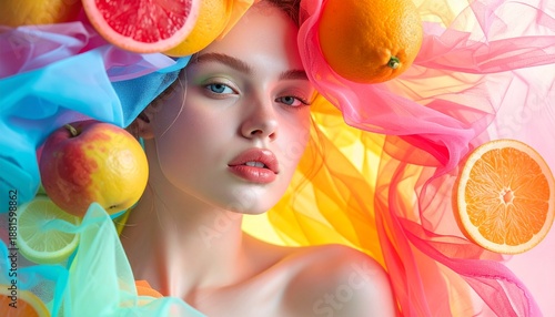 Vibrant Citrus Dream: A captivating portrait showcases a woman adorned with an array of fresh citrus fruits and colorful fabrics, creating a surreal and artistic blend of nature's bounty and beauty.