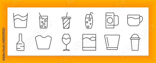 Cold drink set icon. Glass with straw, soda bubbles, paper cup, cocktail, coffee cup, bottle, wine, takeaway, ice, foam, refreshment, juice, container