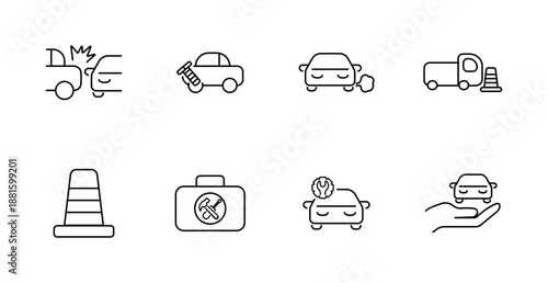 Car accident set icon. Collision, damage, mechanic, smoke, tow truck, cone, toolbox, diagnostic, insurance, roadside, repair, broken, crash, support, help