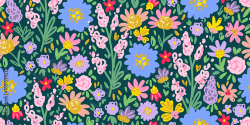 Floral print for fabric, textile products, packaging. Seamless repeating vector pattern. Colorful flowers on a dark background.