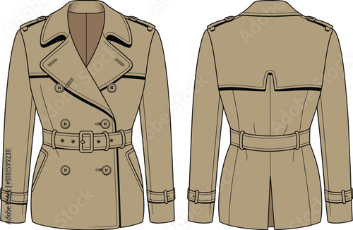 Trench coat front, back view, fashion technical sketch, garment construction, outerwear design, cad drawing flat vector illustration