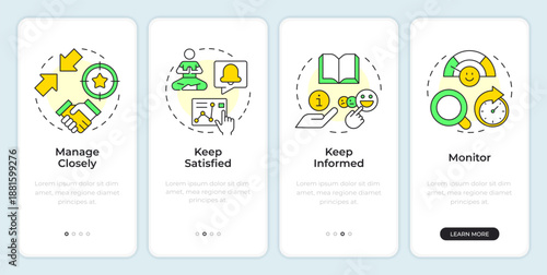Power interest matrix onboarding mobile app screen. Goal achieving. Walkthrough 4 steps editable graphic instructions with linear concepts. UI, UX, GUI. Montserrat SemiBold, Regular fonts used