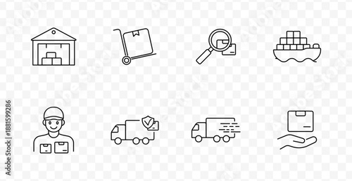 Shipping and logistics set icon. Line icons showing warehouse, trolley with box, magnifier, cargo ship, delivery person, truck with shield, moving truck, hand with parcel