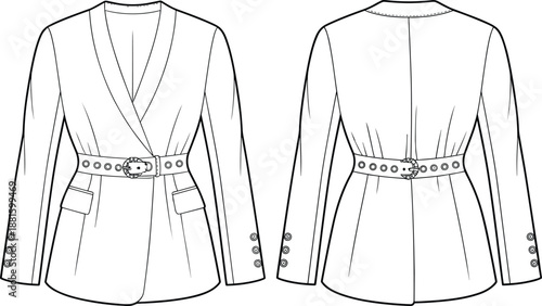 Women belted blazer technical drawing, front and back view, fashion jacket template, tailored apparel outline vector illustration, cad design
