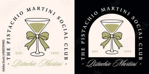 Pistachio martini cocktail club logo label nut liquor cream flavor vodka drink glass with bow outline drawing. Fancy coquette luxury green retro aesthetic summer party social girls night shirt design.