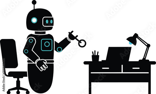 Robot in business setting with desk and chair