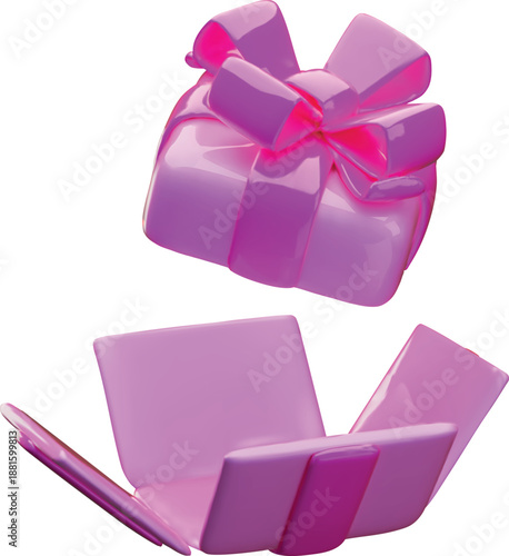 3D open pink gift box with ribbon bow, vector realistic festive present surprise unbox empty package with flying lid