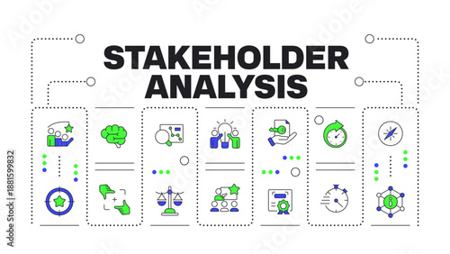 Stakeholder analysis word concept isolated on white. Risk management, business development. Creative illustration banner surrounded by editable line colorful icons. Hubot Sans font used