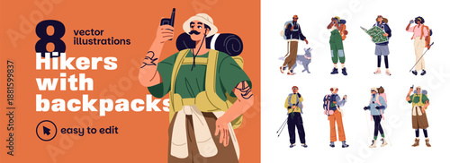 Hikers with backpacks set. Backpackers are hiking with maps, binoculars, and knapsacks. Tourists travel with trekking equipment and rucksacks. Flat isolated vector illustrations on white background