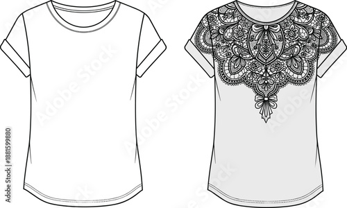 Women t-shirt front view with ornate lace neckline, fashion apparel template, technical sketch, cad drawing flat vector illustration design mockup