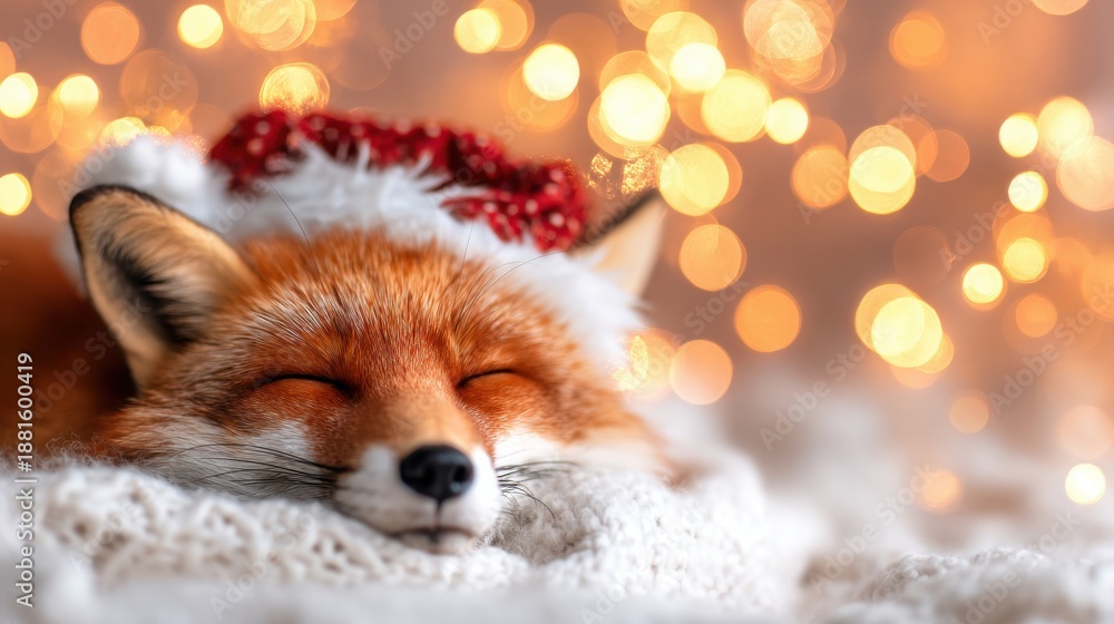 Fototapeta premium Fox resting with a festive hat in front of bright holiday lights