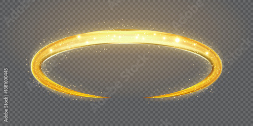 Golden angel halo. Elegant and ethereal shining gold-colored ring for spiritual, religious, or fantasy designs. Radiant circular glow vector illustration with gradient mesh and overlay effects