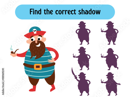 Find correct shadow. Funny pirate with a pipe. Puzzle game for children