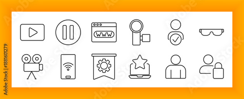 User identity and media set icon. Play, pause, camera, web URL, verified user, glasses, banner gear, mobile signal, laptop star, and lock user profile drawn in line style.