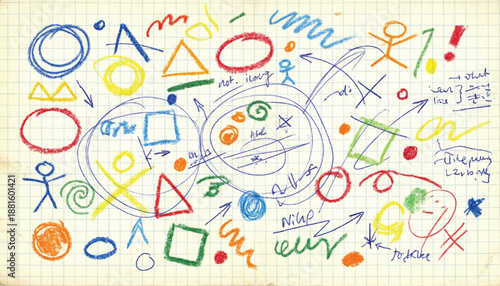 Funky crayon drawn geometric shapes and lines. Colorful pencil or chalk drawn naive Swiss design aesthetic. Basic geometric shapes, dots, playful pattern, primitive forms and figures