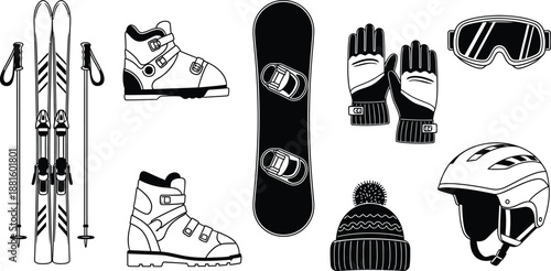 Collection of black and white winter sports equipment icons including skis snowboards boots goggles gloves and a helmet