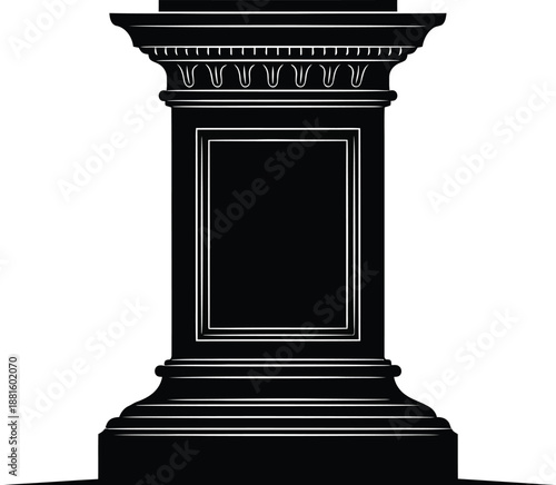 Black and white silhouette of a classical architectural pedestal or monument base isolated against a clean white background for design