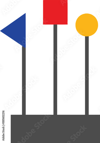 Nautical signal flags displaying blue pennant red square and yellow ball shapes above a dark base illustration