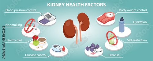 Factors affecting kidney health (blood pressure and glucose control, no smoking, salt restriction, healthy diet, hydration, exercise). 3d flat isometric vector illustration.