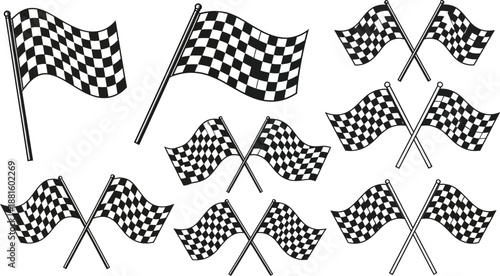 Collection of various black and white checkered racing finish line flags symbolizing speed competition victory and motorsport achievement