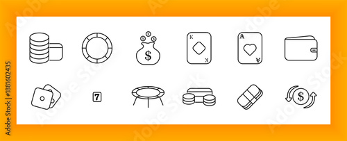 Gambling set icon. Chips, playing cards, wallet, money bag, casino token, lucky number, arrows, and stack representing betting and game of chance.