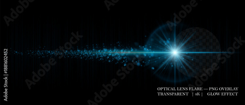 Dynamic lens flare with glowing dust particles and strong horizontal beam. Ideal for digital overlays, sci-fi visuals, and motion graphic designs.