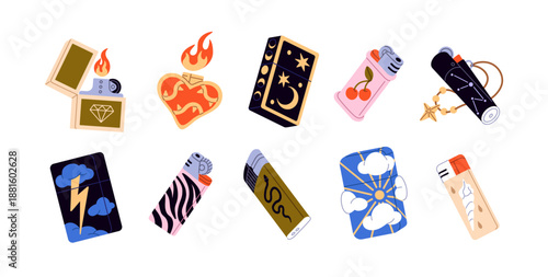 Set of different designs of fluid gas lighters. Accessories for smoking on petrol with burning flames. Equipment to ignite fire with stylish patterns. Flat isolated vector illustrations on white