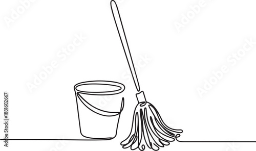 Continuous one line drawing of mop and bucket.one line vector illustration with out background