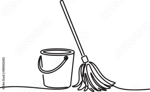 Continuous one line drawing of mop and bucket.one line vector illustration with out background