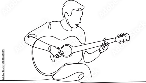 continuous line drawing of a man playing guitar musician.one line vector illustration with out background