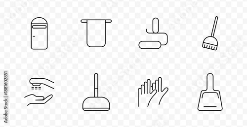 Cleaning set icon. Trash bin, towel, soap bars, brush, hand pouring liquid, toilet brush, gloves, dustpan, all shown in hygiene-related minimal style.